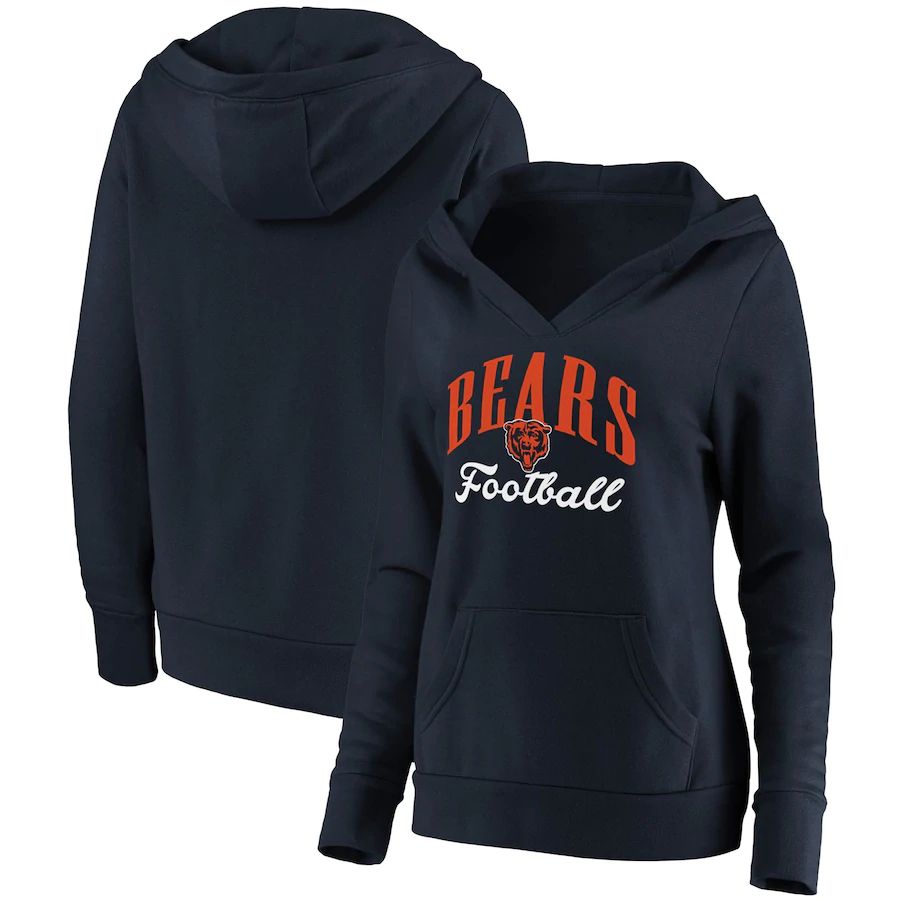 Women Chicago Bears NFL Pro Line by Fanatics Branded Navy Team Victory Script Crossover V-Neck Pullover Hoodie
